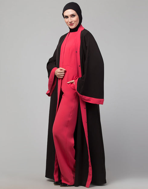 Women Black Matt Nida With Red Boder Abaya Back View